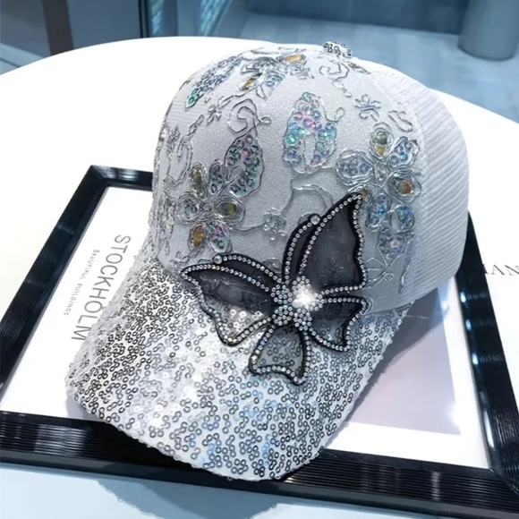 New white woman's adjustable sequin butterfly sparkle baseball cap hat - Picture 1 of 1